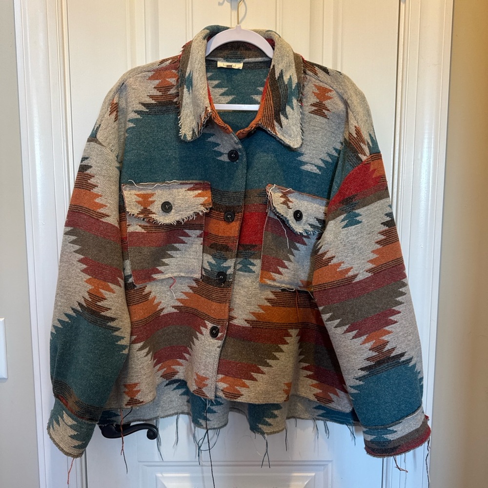 LA MIEL Aztec Pattern Utility Jacket in Teal and Rust
